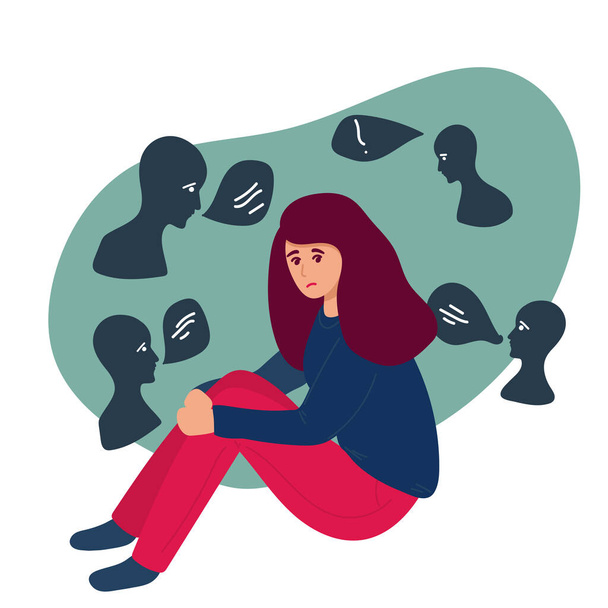Mental Health Problem concept. Young woman surrounded by fears, negative emotions and bad thoughts holds her head. Psychological disorder or illness. Cartoon contemporary flat vector illustration - Вектор,изображение