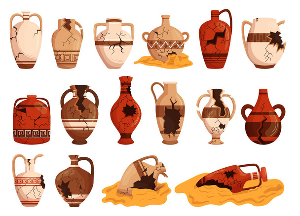 古い壊れた陶器、装飾的な粘土の花瓶、ジャグやピッチャーのセット。アンティーク考古学的遺物,白の背景に隔離された装飾とローマやギリシャの宝石.漫画ベクターイラスト - ベクター画像