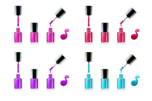 Nail polish set. Blue, pink and purple paint realistic opened and closed bottle, brush and enamel drop on white background for manicure and pedicure in salon. Vector illustration - Vector, Image