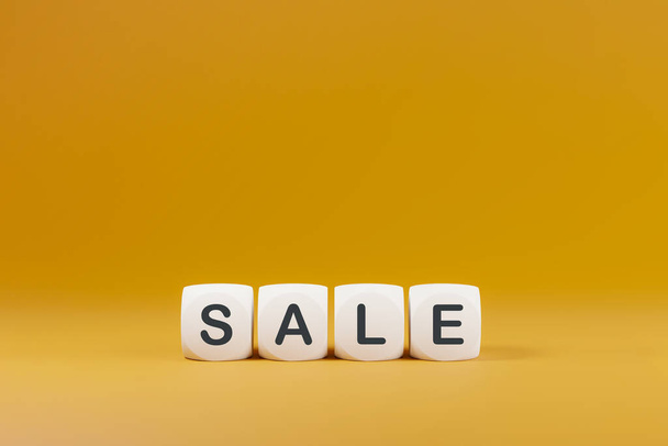 White plastic tiles with sale sign stacked in orange background, 3d rendering. Letter cubes with sale letters, business and commercial concepts - 写真・画像