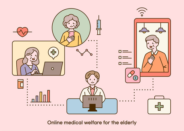  Oudere patiënten krijgen online niet-face-to-face behandeling. Een arts die aan een computer werkt en een patiënt op het scherm die ermee verbonden is. schets eenvoudige vector illustratie. - Vector, afbeelding