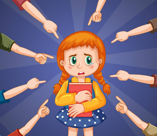 Sad girl surrounded by pointing fingers illustration - Vector, Image