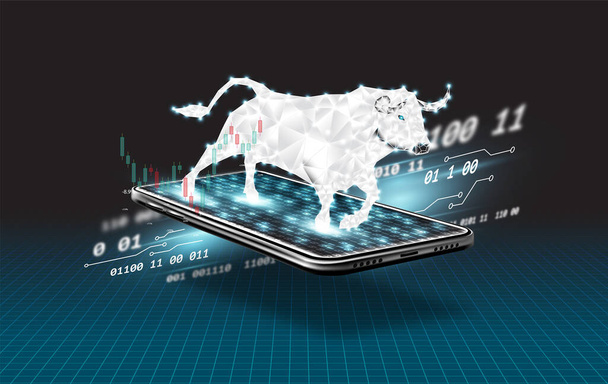 Ein Stier auf einem 3D-Handy-Bildschirm mit Tech-Lichtspuren im Hintergrund. - Vektor, Bild