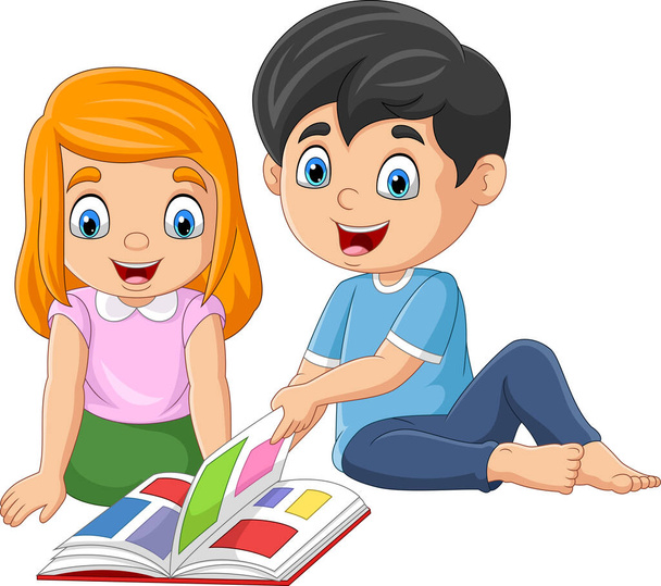 Illustrazione vettoriale di bambini felici del fumetto che leggono un libro - Vettoriali, immagini