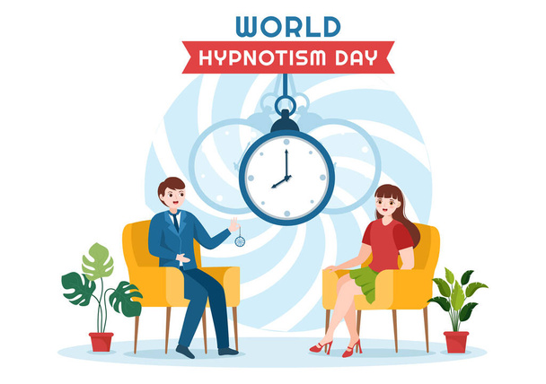 Día Mundial del Hipnotismo con Espiral en Blanco y Negro, Estado Mental Alterado, Servicio de Tratamiento de la Hipnosis en Plantillas Planas Dibujadas a Mano de Dibujos Animados Ilustración - Vector, Imagen