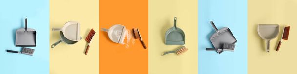 Set of dustpans and brushes on color background - Photo, Image