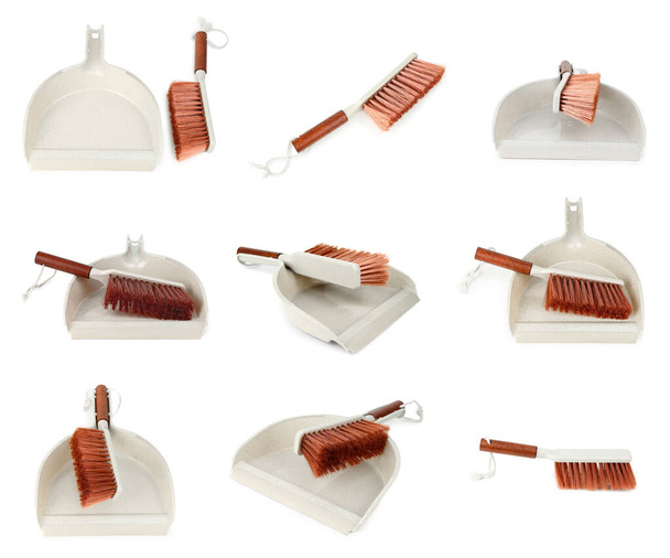 Collection of dustpan and brush on white background - Photo, Image