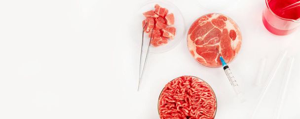 Petri dish with cultured meat in laboratory. Concept of clean meat cultured. Panorama, banner, copy space - Photo, Image