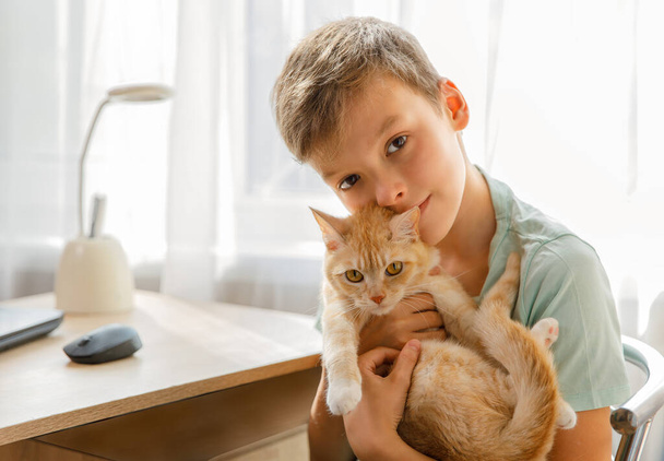 Αγόρι και κατοικίδιο στο σπίτι. Το παιδί αγκαλιάζει την κοκκινομάλλα γάτα ενώ κάθεται στο σπίτι. Οικιακά ζώα και παιδιά αγάπη και φιλία. Ωραία σκηνή.,  - Φωτογραφία, εικόνα