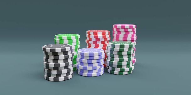 Des jetons de jeu. jeton de casino en piles sur fond gris. Beaucoup de jetons de poker de couleurs, vue rapprochée. 3d rendu - Photo, image