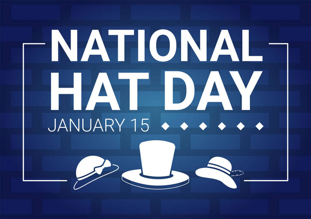 Kansallinen hattu päivä vietetään vuosittain 15. tammikuuta Fedora Hats, Cap, Cloche tai Derby tasainen sarjakuva käsin piirretty malleja kuvitus - Vektori, kuva
