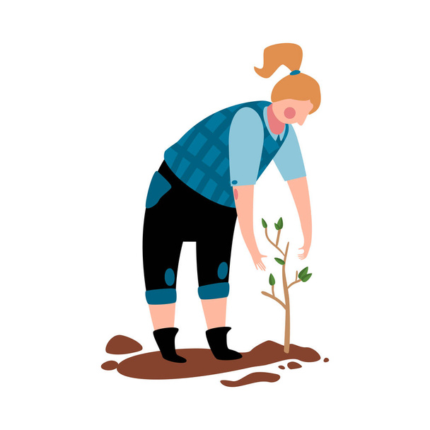 Ökologische Landwirtschaft flache Ikone mit Frau Pflanzung Sämling Vektor Illustration - Vektor, Bild