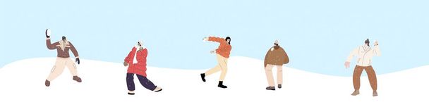 People play snowballs fun game in winter snow landscape vector illustration. Cartoon friend characters playing outdoors, enjoying frost cold weather. Winter healthy activity concept. - Vector, imagen