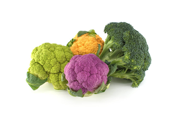 Fresh colorful green, purple, yellow cauliflowers with green broccoli isolated on white background - Foto, Imagem