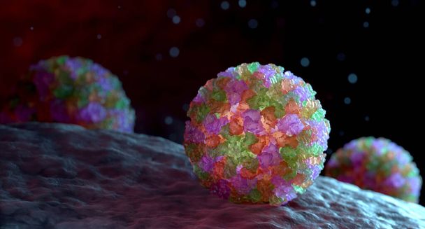 3D graphical representation of a single Norovirus virion. The different colors represent different regions of the organism's outer protein shell, or capsid. 3D illustration - Photo, Image