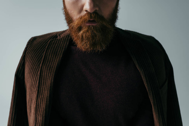 cropped view of bearded man in turtleneck and blazer isolated on grey  - Photo, Image