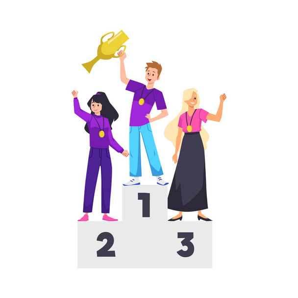 Happy winner people on pedestal flat style, vector illustration isolated on white background. Medals and cup, emotional characters, boy and girls. Competition - Vektor, obrázek