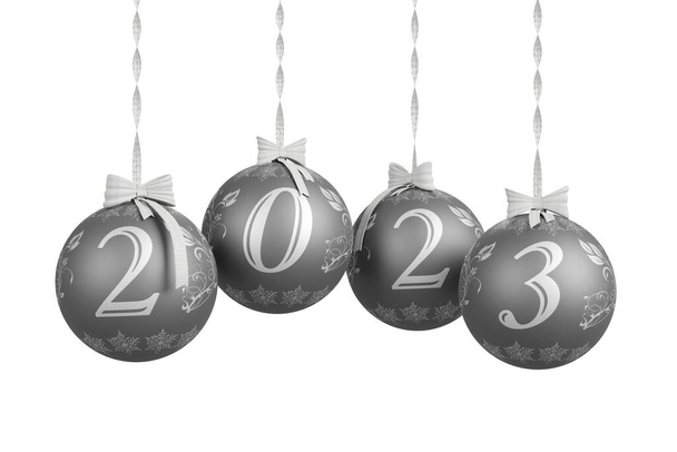 Illustrazione 3D. Capodanno 2023. Capodanno 2023 in numeri e con decorazione natalizia - Foto, immagini
