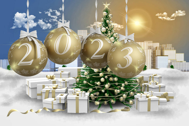 Ilustración 3D. Año Nuevo 2023. Año Nuevo 2023 en números y con decoración navideña - Foto, Imagen