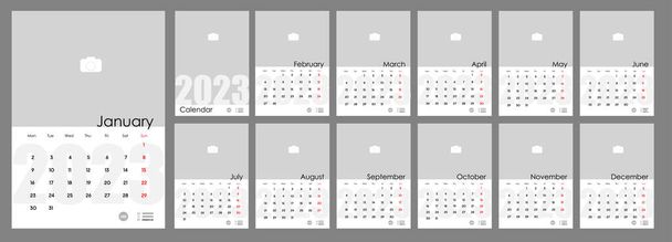 Wall Monthly Photo Calendar 2023. Simple monthly vertical photo calendar Layout for 2023 year in English. Cover Calendar, 12 months templates. Week starts from Monday. Vector illustration - Vektor, Bild