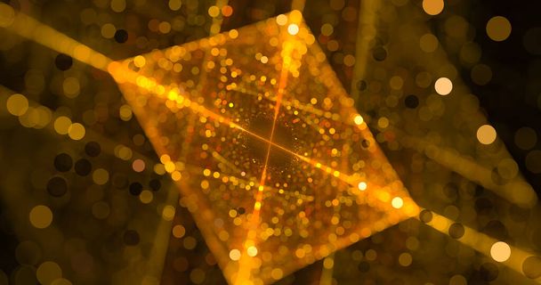 Fractal abstract background. Bokeh gold interspersed with bright gold lights. - 写真・画像