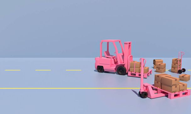 Rózsaszín raktár teherautó, raklapemelő, kézikocsi és sok doboz kék háttérrel. Raktár koncepció. Másolja le a helyet a szövegnek. 3D-s kiolvasztott illúzió - Fotó, kép