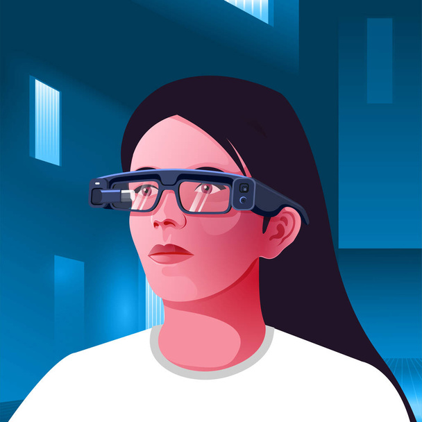 Μια σύγχρονη νεαρή γυναίκα με φουτουριστικό επαυξημένης (AR) γυαλιά-διανυσματική απεικόνιση - Διάνυσμα, εικόνα