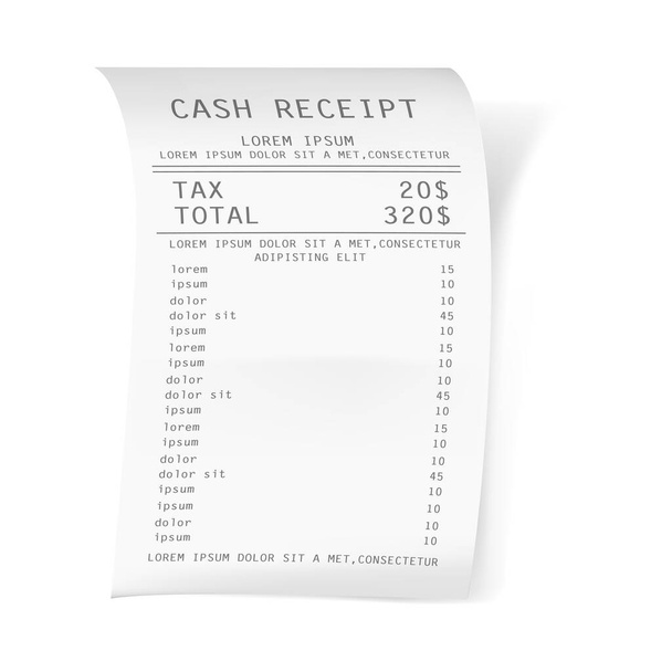 Kasa satışı makbuzu, kağıda basılı vergi ve toplam tutarı. Gerçekçi mali ATM işlem kontrol simgesi. Kafe veya süpermarketten nakit makbuzu - Vektör, Görsel