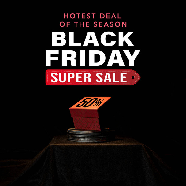 Banner Super Black Friday Sale con podio y caja de regalo roja. - Foto, Imagen