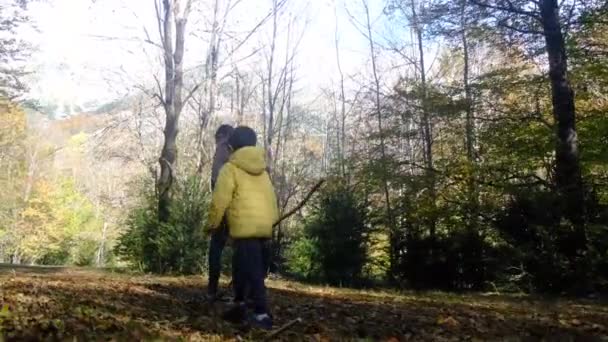 Mujer joven con sus hijos caminando en el bosque de otoño - Metraje, vídeo