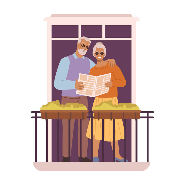 祖母と祖父はバルコニーに立って新聞を読んでいる。週末には自宅で高齢者がリラックス。漫画のキャラクター、フラットスタイルのベクトル - ベクター画像