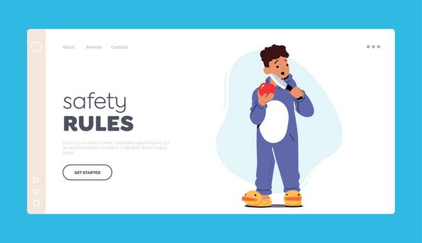 Safety Rules for Kids Landing Page Template. Child Holding Sharp Knife for Cutting Apple. Kid In Dangerous Situation, Risk At Home Concept With Little Boy Character. Cartoon Vector Illustration - Vector, Image