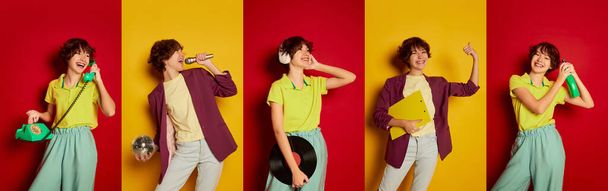 Collage. Portraits of young cheerful girl in casual clothes posing with positivity isolated over red yellow background. Concept of emotions, facial expression, feelings, fashion, beauty, ad - 写真・画像