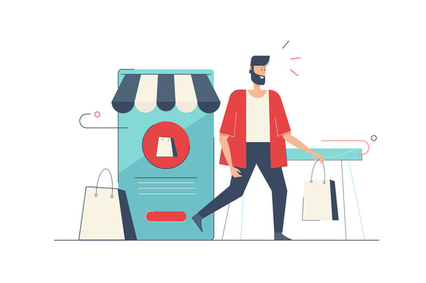 Mobile shopping concept with people scene in flat cartoon design. Man using mobile application to online paying for purchases, ordering in app. Vector illustration with character situation for web - Vector, Image
