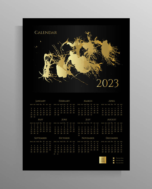 Настінний календар на 2023 12 місяців. Строге планування плаката, флаєра. Колір чорний з золотом. Векторні ілюстрації
. - Вектор, зображення