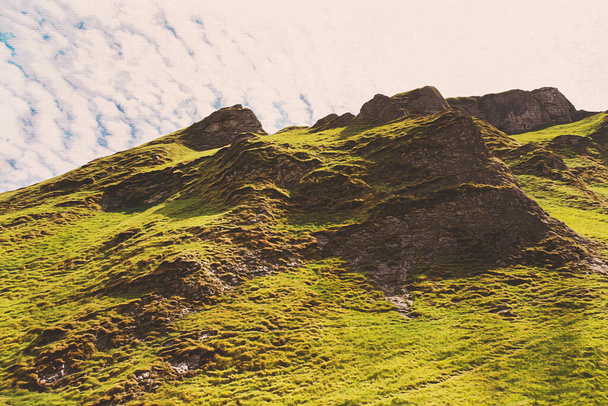 Υδατογραφία σε καμβά. Σχέδιο για καρτ ποστάλ, μαγνήτης ψυγείου. Εκτυπώσιμη κάρτα για ζωγραφική τοίχου. Περιφέρεια Mam Tor Peak στην Αγγλία. Όμορφη θέα των βουνών. - Φωτογραφία, εικόνα