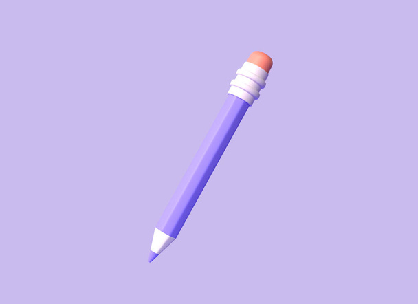 3d purple pencil with red rubber band in cartoon style. stationery tool for drawing. illustration isolated on purple background. 3d rendering - Φωτογραφία, εικόνα