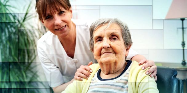 Hoitaja tukee iäkästä naista hoitokodissa, geometrinen kuvio - Valokuva, kuva