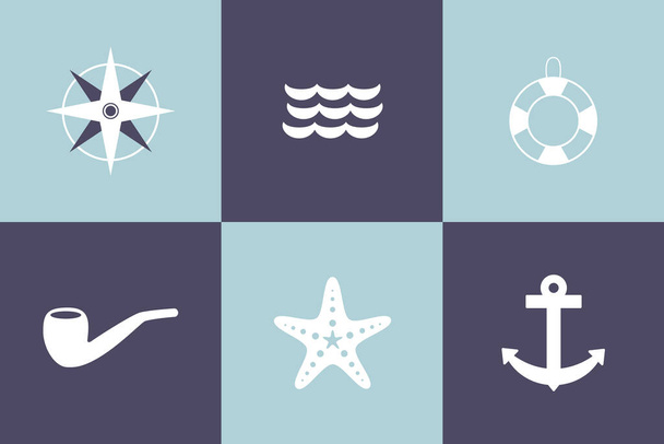 Marine icon set. Blue colors. Nautical inspiration. Vector illustration, flat design - Vetor, Imagem