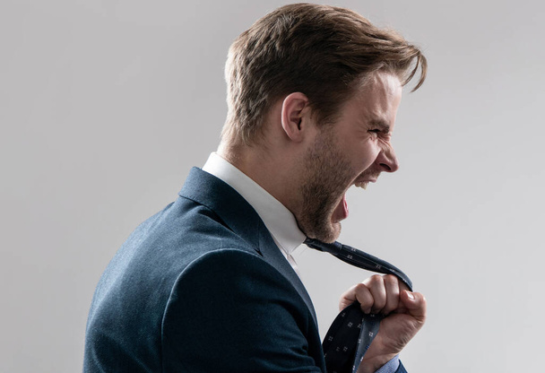 Fight at work. Lawyer scream being pulled by necktie. Physical fight. Angry man screaming. Workplace conflict. - Fotoğraf, Görsel