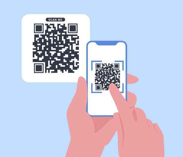 QR code scan met smartphone in een hand. Barcode voor betaling, E portemonnee, cashless technologie concept. Mobiele telefoon scannen QR-code. Verificatie. Vectorillustratie. - Vector, afbeelding