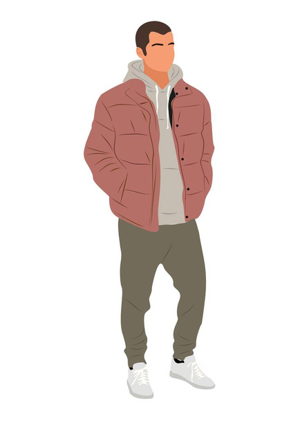 Utcai divat férfi vektor reális illusztráció. Stílusos férfi visel trendi modern őszi vagy téli utcai stílusú ruhát álló táska. Rajzfilm férfi karakter elszigetelt fehér háttér. - Vektor, kép