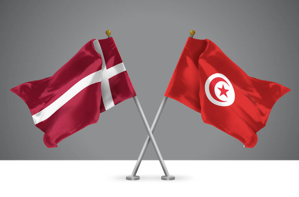 3D απεικόνιση των δύο κυματιστές σταυρωτές σημαίες της Τυνησίας και της Δανίας, σημάδι των σχέσεων Τυνησίας και Δανίας - Φωτογραφία, εικόνα