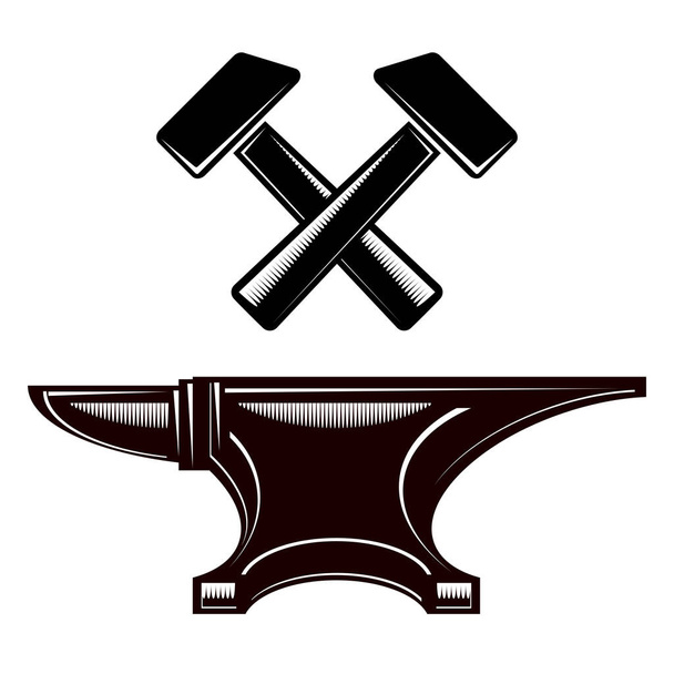 Iconen van aambeeld en hamer geïsoleerd op witte achtergrond. Industrieel Logo Design. - Vector, afbeelding