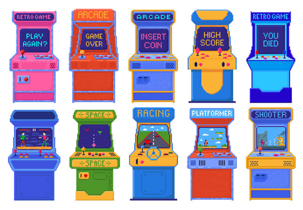 Pixel arte máquinas de juego arcade. Antigua consola de juegos de 8 bits diferentes juegos y jugar de nuevo, puntuación más alta y que murió pantallas vector conjunto. Insertar moneda, tirador, plataforma, espacio exterior y carreras - Vector, imagen