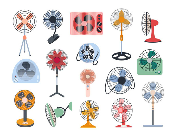 Electric fans. Air circulation climate equipment, cooling fan types for hot weather cartoon vector set. Different tools for home and office standing on floor, table and hanging on wall - Vector, Image