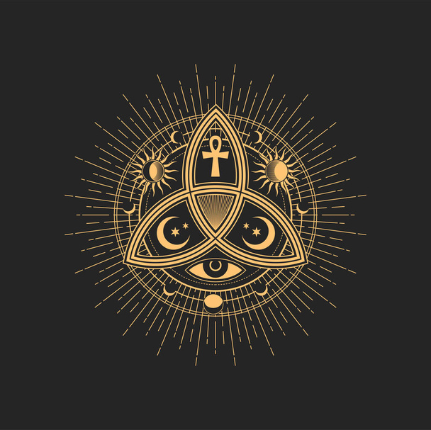 Magic tarot mason sign with cross and moon, eye and sun, Egypt cross. Occult sign, occultism, alchemy and astrology symbol, sacred religion mystic emblem - Vector, Image