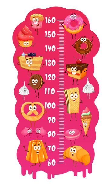 Dětský výškový graf. Kreslené dezerty, dorty, koblihy a sladkosti, zmrzlina a pečivo. Růstové měřítko na pravítku s legračním tvarohovým koláčem, čokoládovým croissantem a pudinkem nebo sušenkou, vaflí a koblihou - Vektor, obrázek
