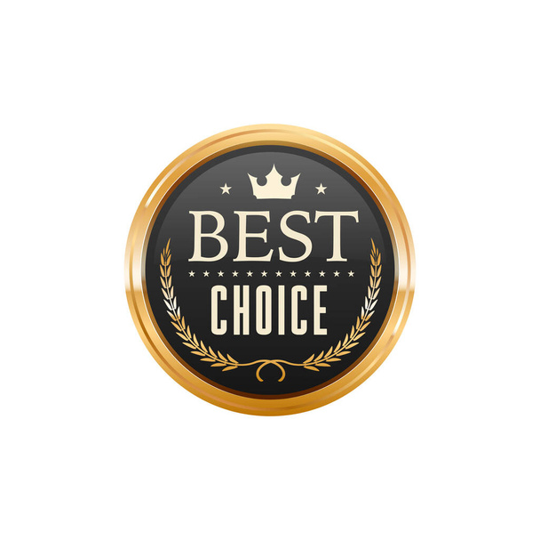 Best choice golden badge and shop sale label. Best choice award golden emblem or certificate seal, customer review or satisfaction glossy metal vector label or badge. Quality guarantee round symbol - Vector, Image