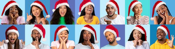 Banner de Navidad. Diversas personas felices emocionadas en los sombreros de Santa posando sobre fondos de tonos azules, alegres hombres y mujeres multiétnicos emocionalmente reaccionando a las ventas estacionales y las ofertas de vacaciones, Collage - Foto, imagen